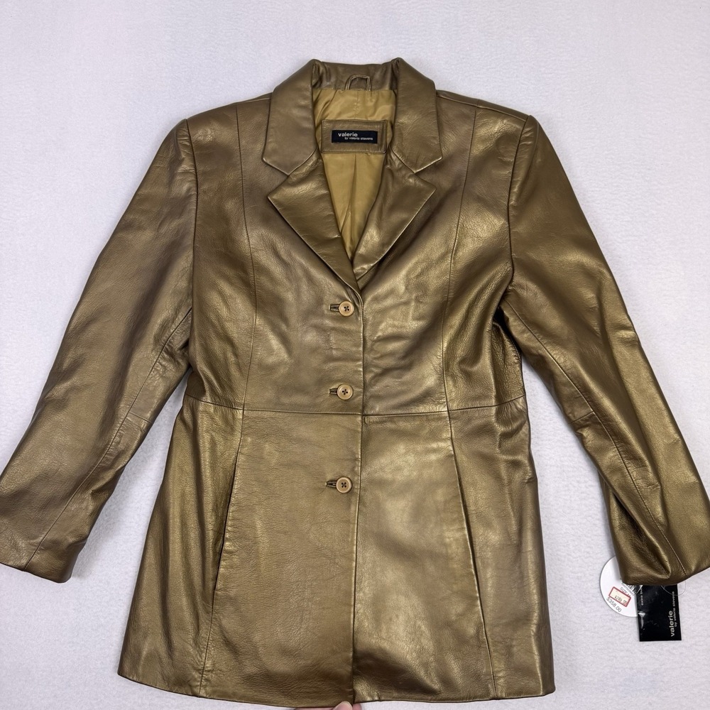NWT Valerie Stevens Metallic Gold Leather Blazer Jacket Women's Medium